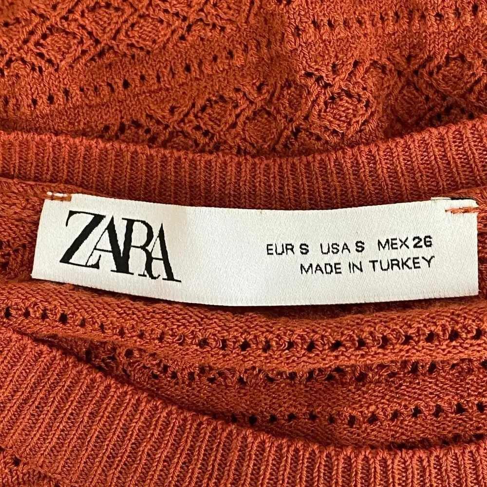 2/$30 ZARA Open Knit Crochet Sweater Small Burnt Orange Crew Long Sleeve #6453 - Picture 9 of 13